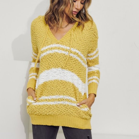Striped Popcorn Knit Long Sleeve Hooded Sweater - Picture 4 of 5